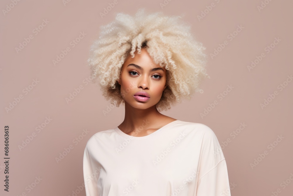 close-up studio fashion portrait of young african dark-skinned woman with perfect skin, short curly blond hair, immaculate make-up. beige background. Skin beauty, hormonal female health concept