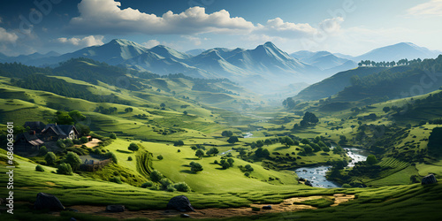 Natures spectacle in green meadow Beautiful summer foggy landscape in the mountains of the Alps  travel in the mountains.AI Generative