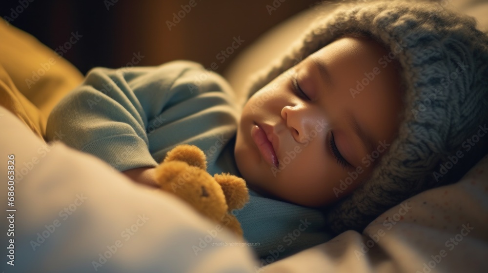 The little one rests in a snug bed in the kid's room. The little one rests in a snug bed in the kid's room.
