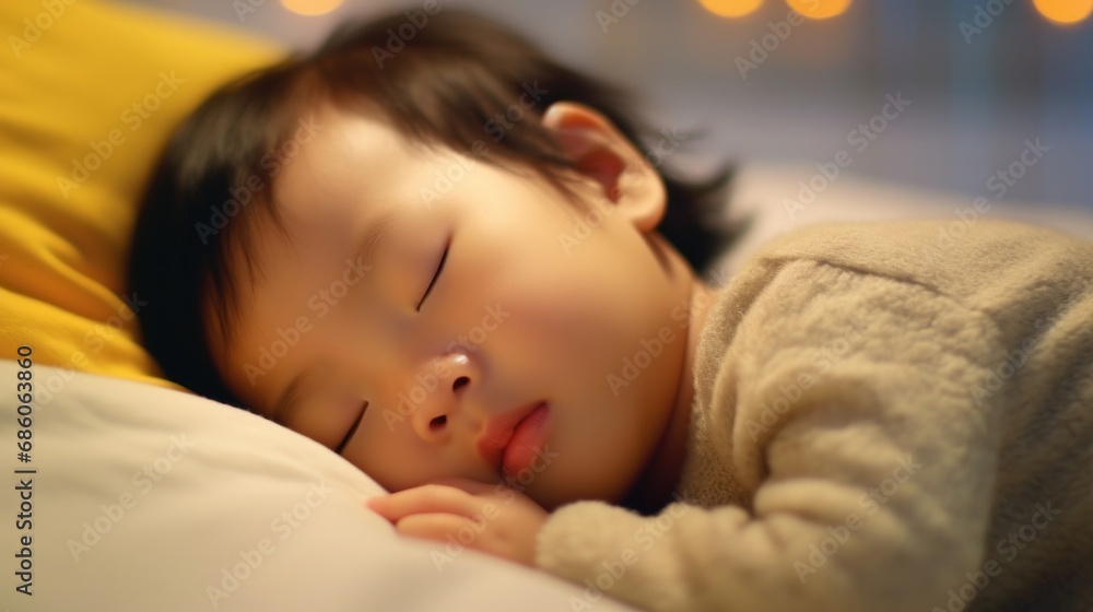 A tranquil baby sleeps peacefully in a comfy bed designed for kids. A tranquil baby sleeps peacefully in a comfy bed designed for kids.