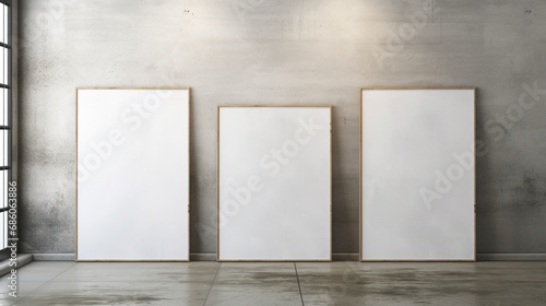 Embrace the minimalist charm of a blank white paper poster canvas in a grunge concrete room, offering a versatile mockup template.