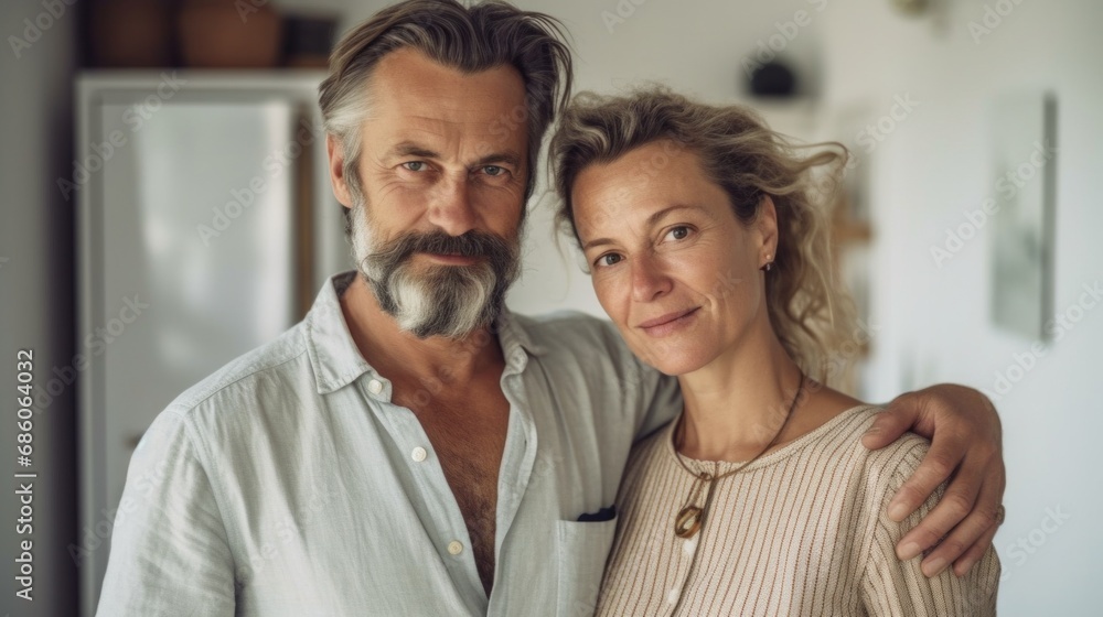 The European couple radiates peace and contentment in their warm embrace. The European couple radiates peace and contentment in their warm embrace.