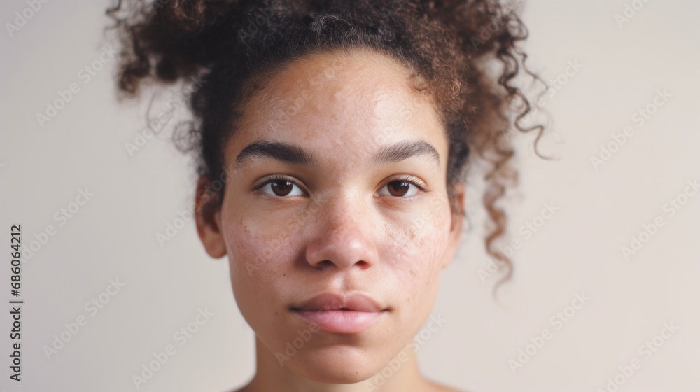 A genuine portrayal of a woman with mixed skin tones looking at the camera against a beige studio backdrop. A genuine portrayal of a woman with mixed skin tones looking at the camera against a beige studio backdrop.