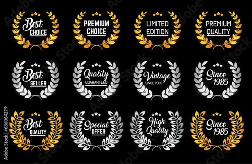 Laurel Wreaths in Gold and Silver., Product Label Certifications Badges collection. 