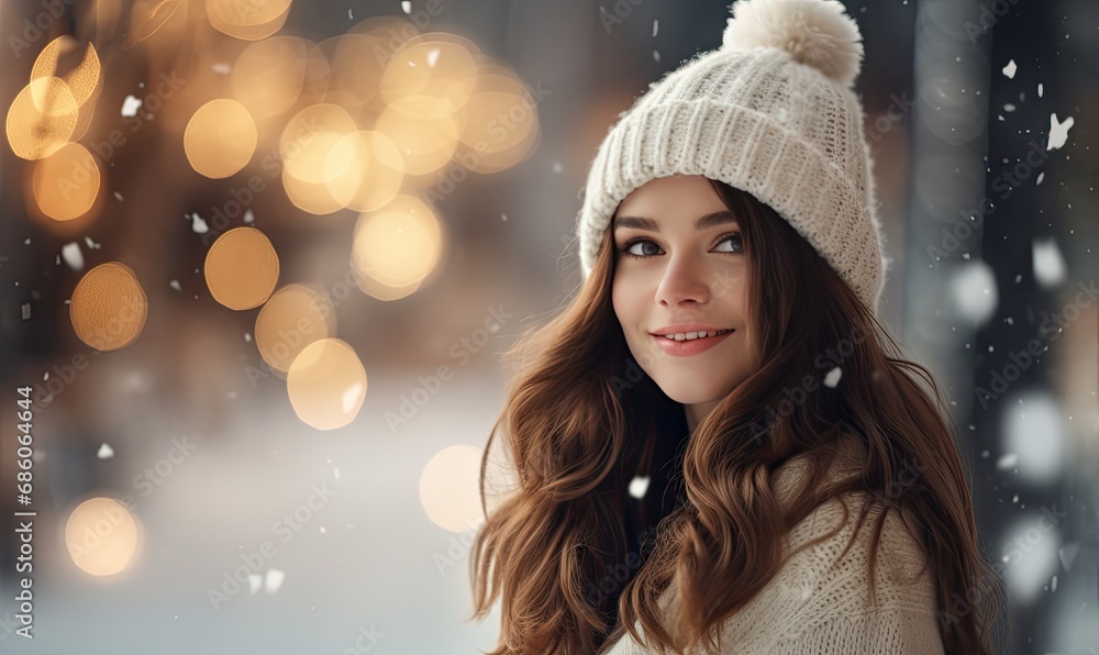 Stylish Woman in Chic White Hat and Cozy Sweater Stylish Woman in Chic White Hat and Cozy Sweater