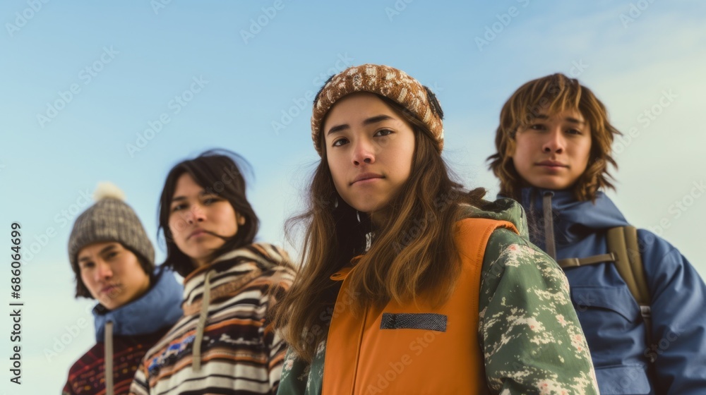 Winter joy: teens and snowboards in mountains.