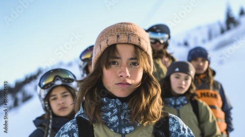 Snowy mountain scene with teens and snowboards.