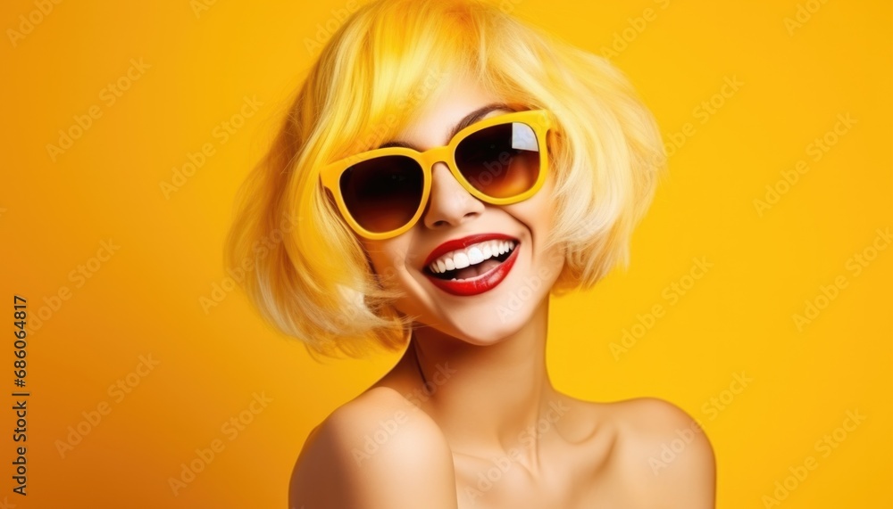 Smiling girl in yellow glasses with yellow hair on yellow background