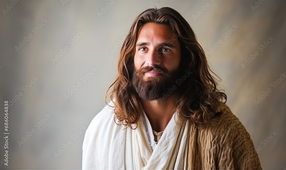A Bearded Jesus Christ in a Robe with Flowing Locks A Bearded Jesus Christ in a Robe with Flowing Locks