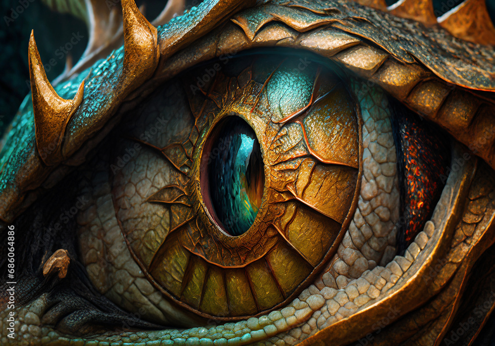 hyper realistic 3d illustration of dragon eye in closeup view