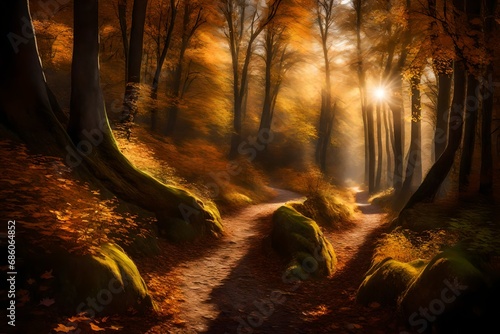 A winding forest path  bathed in sunlight  inviting exploration amidst the autumnal beauty.