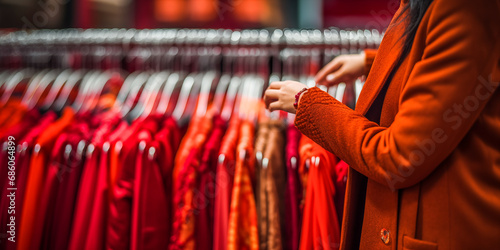 Close-up of Female Hands Plucked Hanger Choosing Clothes in a Clothing Store. The blonde's hand runs through the rack with clothes, buying clothes in the mall. Sales promotion and shopping concept.