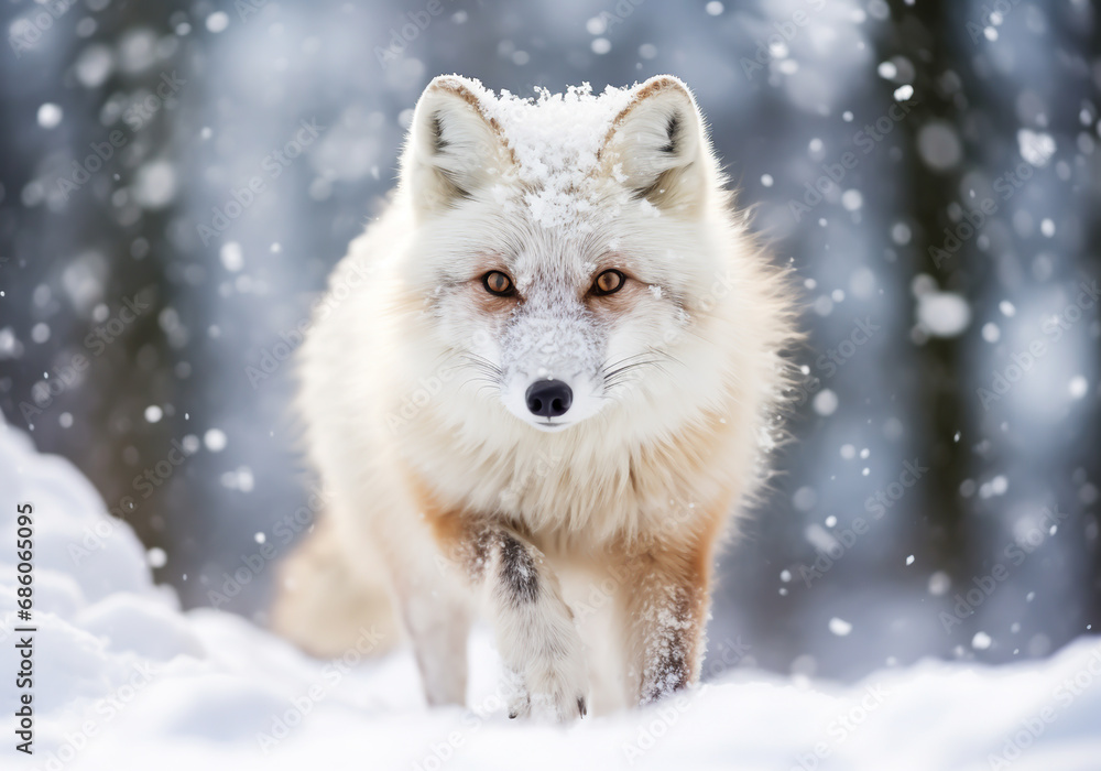 White arctic fox walking in the snow. AI generated White arctic fox walking in the snow. AI generated