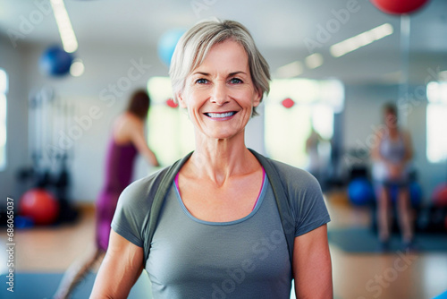 Portrait of smiling senior woman standing in fitness studio with friends in background. Selective Focus