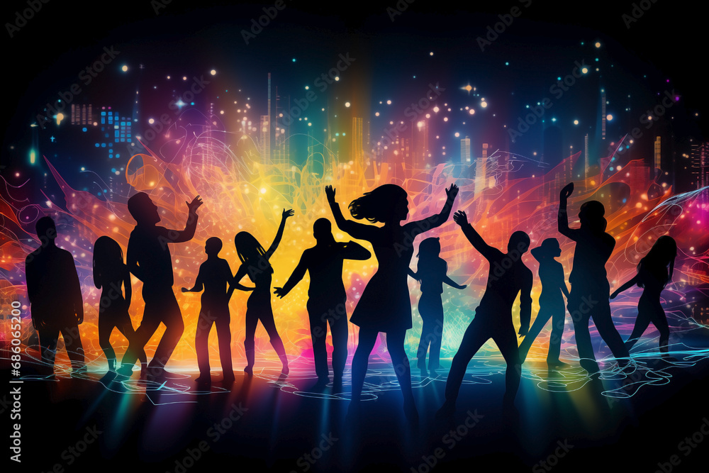 Silhouettes of a group of people dancing with neon lights and stars on dark background. Concept of fun and movement in the city. Feeling of excitement and joy in a vibrant and dynamic setting.