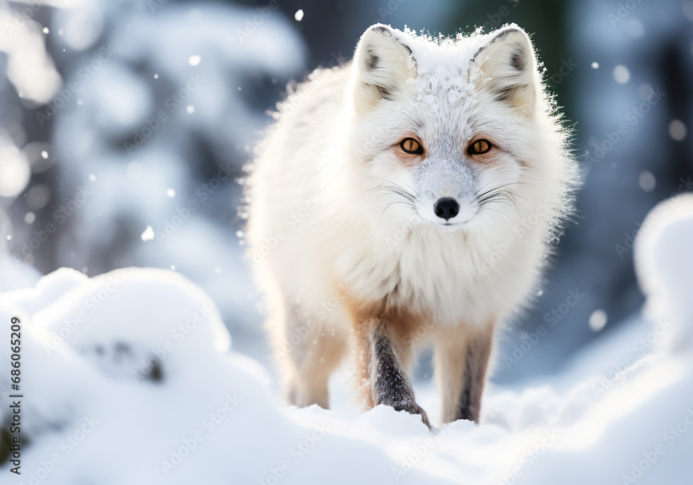 Obraz premium White arctic fox walking in the snow. AI generated