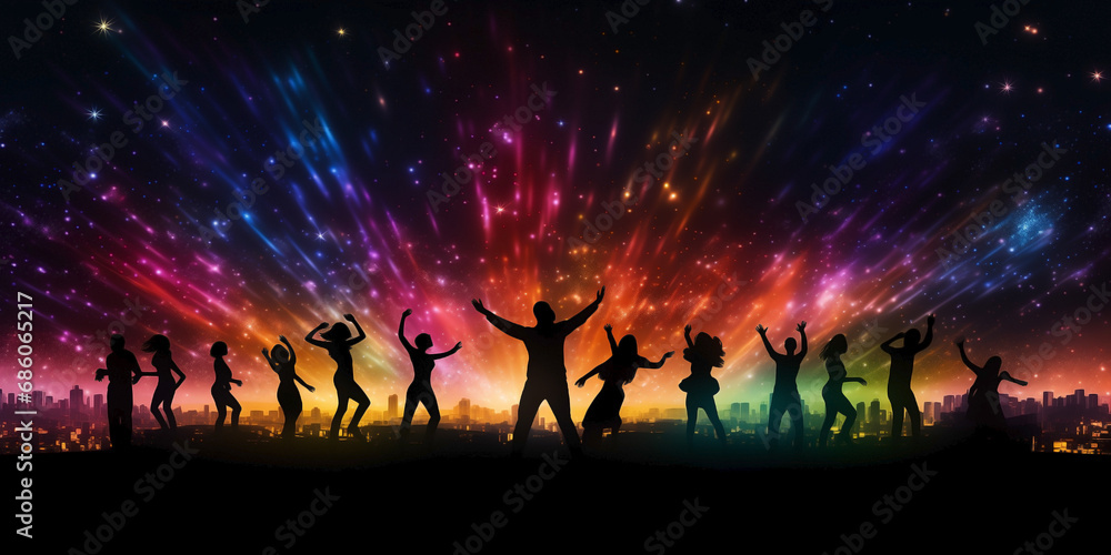 Fototapeta premium Silhouettes of a group of people dancing with neon lights and stars on dark background. Concept of fun and movement in the city. Feeling of excitement and joy in a vibrant and dynamic setting.