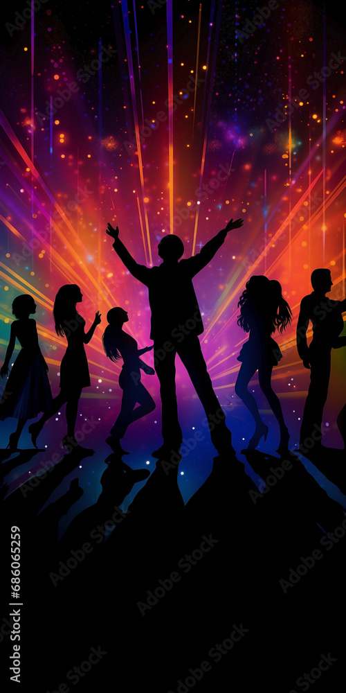 Silhouettes of a group of people dancing with neon lights and stars on dark background. Concept of fun and movement in the city. Feeling of excitement and joy in a vibrant and dynamic setting. Silhouettes of a group of people dancing with neon lights and stars on dark background. Concept of fun and movement in the city. Feeling of excitement and joy in a vibrant and dynamic setting.
