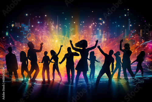 Silhouettes of a group of people dancing with neon lights and stars on dark background. Concept of fun and movement in the city. Feeling of excitement and joy in a vibrant and dynamic setting.