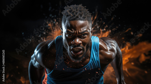 A dark-skinned athlete runs forward against a dark background