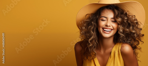 Joyous woman in a sun hat and off-shoulder top laughs heartily, embodying the essence of summer bliss on a yellow backdrop