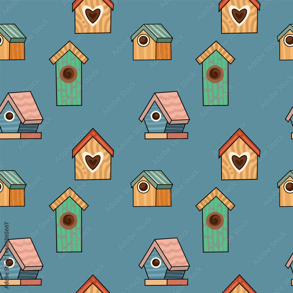 Hand drawn of Colorful cute birds houses, seamless pattern.