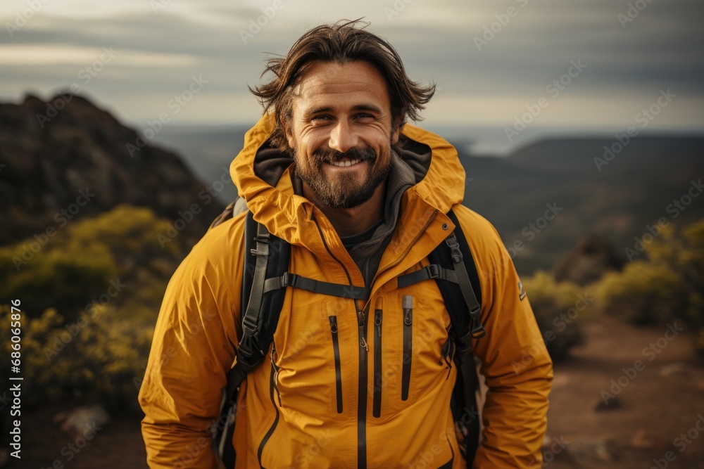 A young man, a tourist in a yellow jacket and carrying a backpack smiles against the background of a mountain top