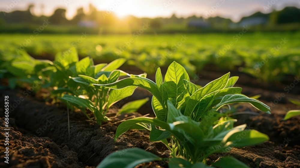 Φωτογραφία Fresh young green seedlings in the field against the background of the rising su