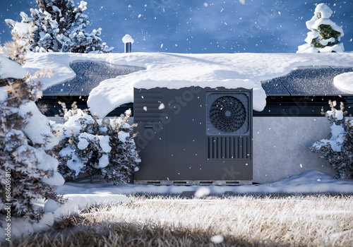 A heat pump with photovoltaic panels installed on the roof of a single-family house, an eco-friendly heating solution for the property during winter. 3d render.