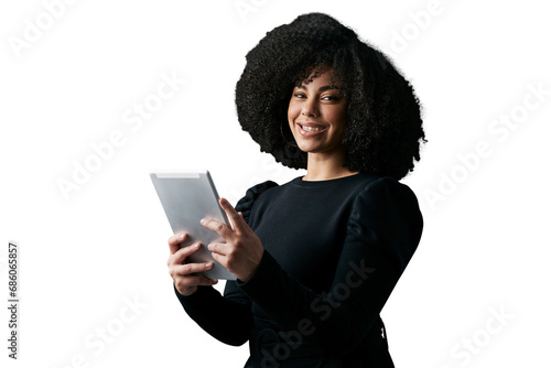 Tablet, happy portrait and business woman with online schedule, social network data or smile for web career. Media management, job experience and African agent isolated on transparent, png background