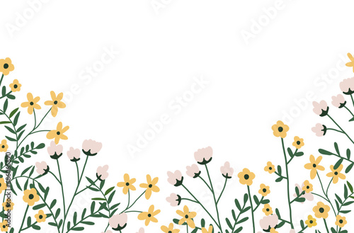 Wildflowers border with spring flowers and green leaves. Botanical banner with floral  herbs for decoration. Meadow and field flowers isolated on white background. Vector illustration in flat style