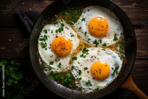 a macro photo of cooked fried eggs with seasoning and herbs on a black frying pan on a wooden table, dark and moody rustic atmosphere. Top view flat lay