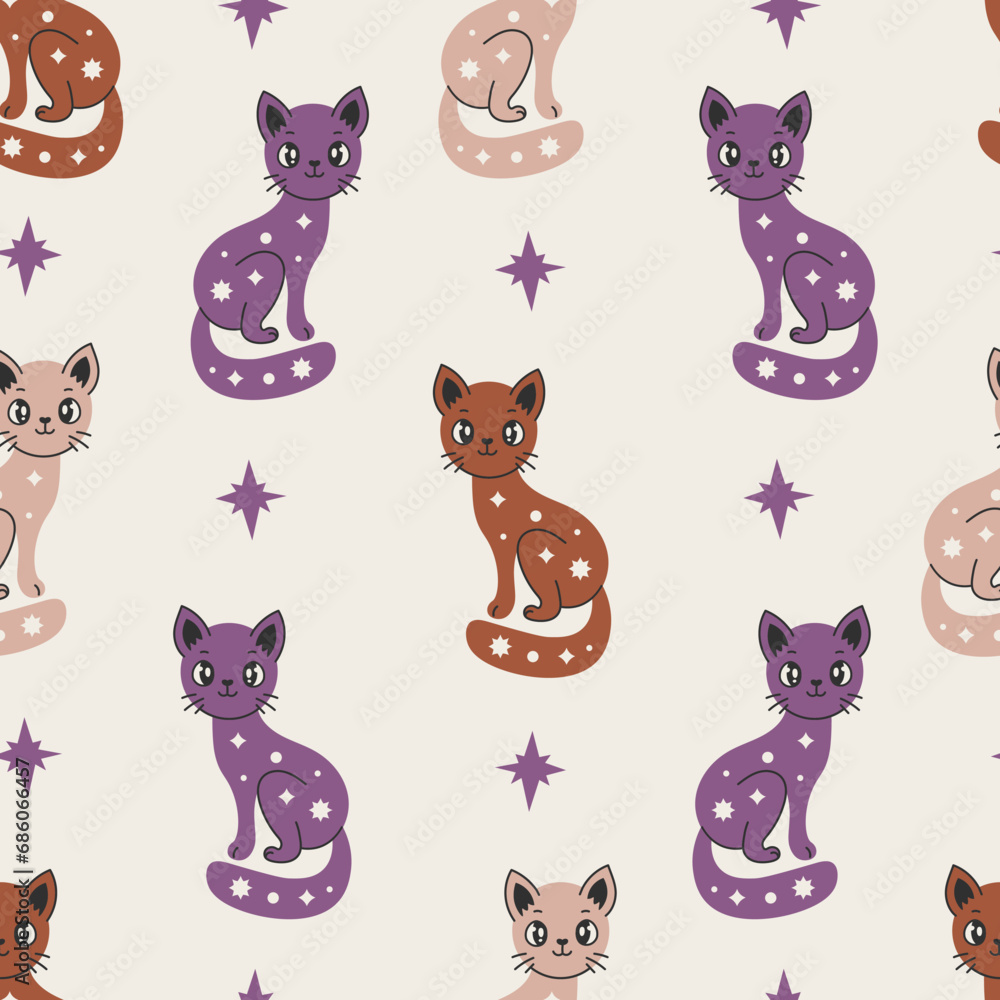 Cat with stars colorful seamless pattern. Boho styled repeat vector illustration with kawaii cute kitten on beige background. Vintage aesthetics. Retro anime character