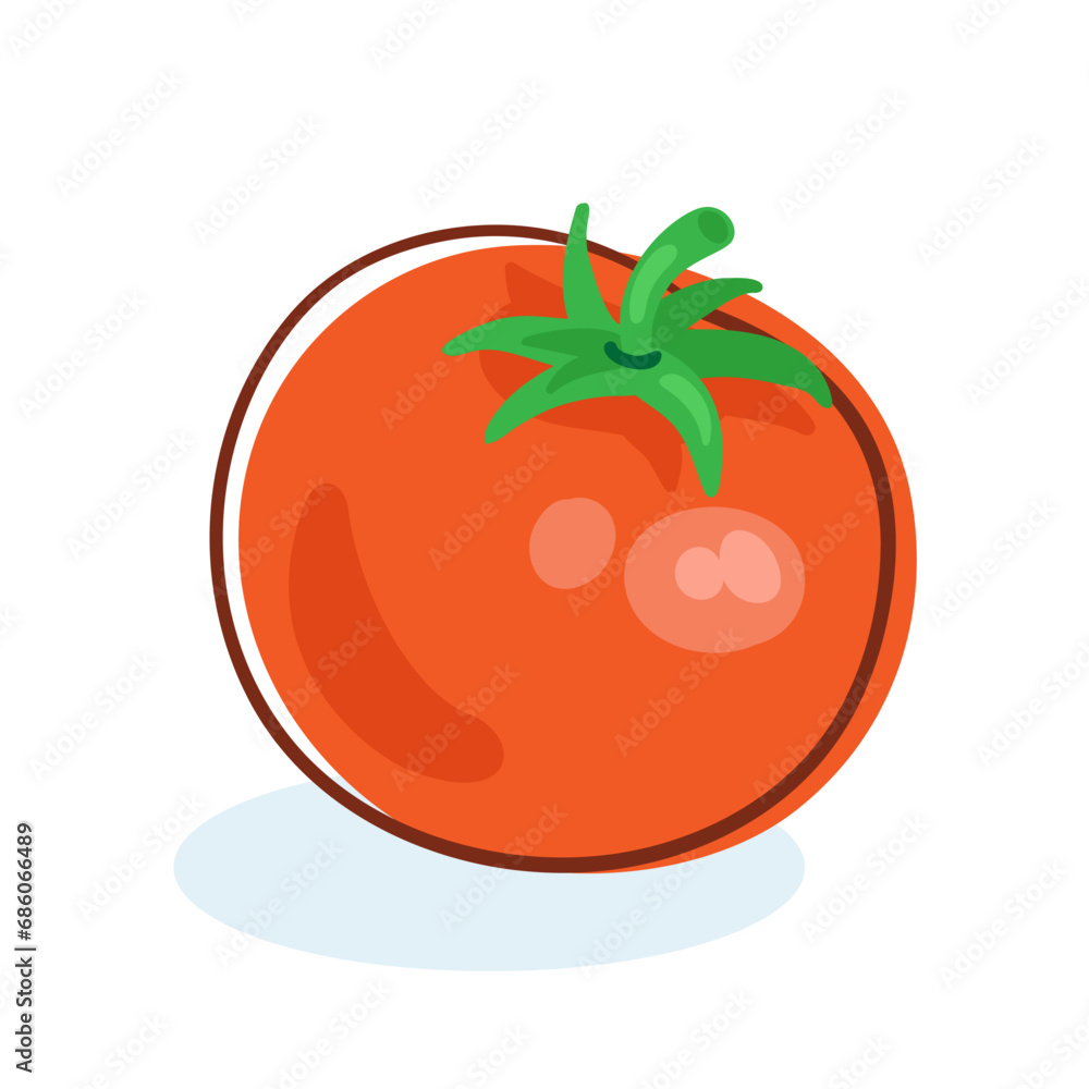 Red tomato. Picture in line style. Dark outline with colored spots. Isolated on white background. Vector flat illustration. Red tomato. Picture in line style. Dark outline with colored spots. Isolated on white background. Vector flat illustration.