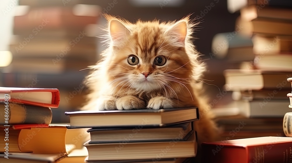 A cat with glasses sitting on a stack of books in a cozy library A cat with glasses sitting on a stack of books in a cozy library