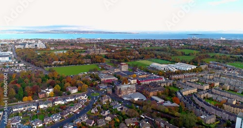 Aerial track from right to left above Stewart's Melville College looking North towards Fife and the Firth of Forth photo