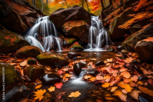 A small waterfall cascading over rocks, surrounded by the rich colors of autumn foliage.
