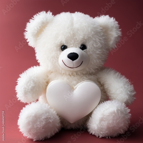 A close-up of a plush white teddy bear holding a pristine heart, symbolizing innocence and love