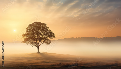 Lonely lush tree in foggy field in the morning  spring concept