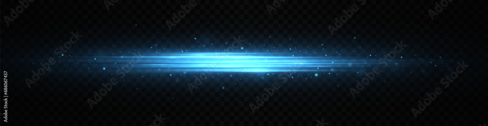 Blue horizontal lens flare. Laser beam, horizontal light ray. Exploding star with scattered shining highlight.