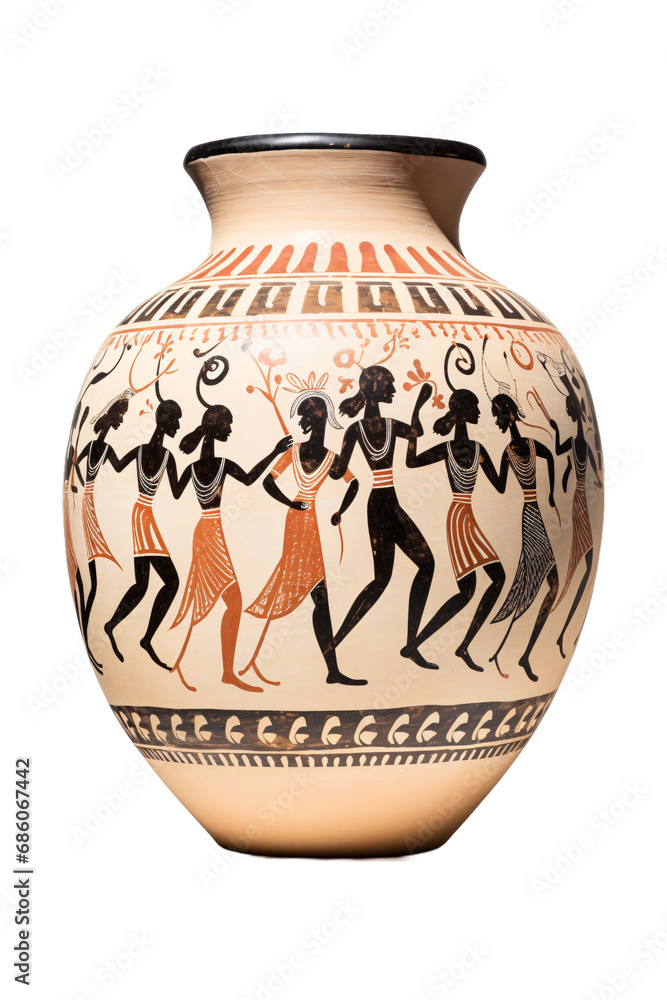 Ancient ceramic Greek vase depicting people dancing and celebrating all together, antique amphora isolated on transparent white background
