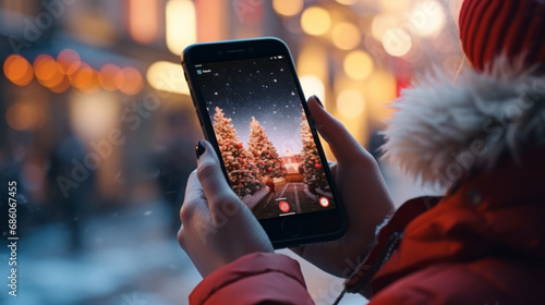 Close-up of a smartphone in female hands with a photograph of a Christmas, festively decorated street. Selective focus. Gadgets, photographs, New Year holidays