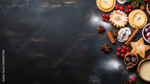 Christmas baking background at dark table