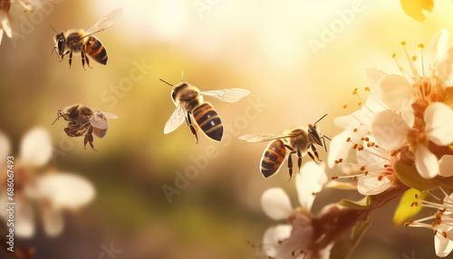Close-up of bees and honeycombs in sunset light ,spring concept photo