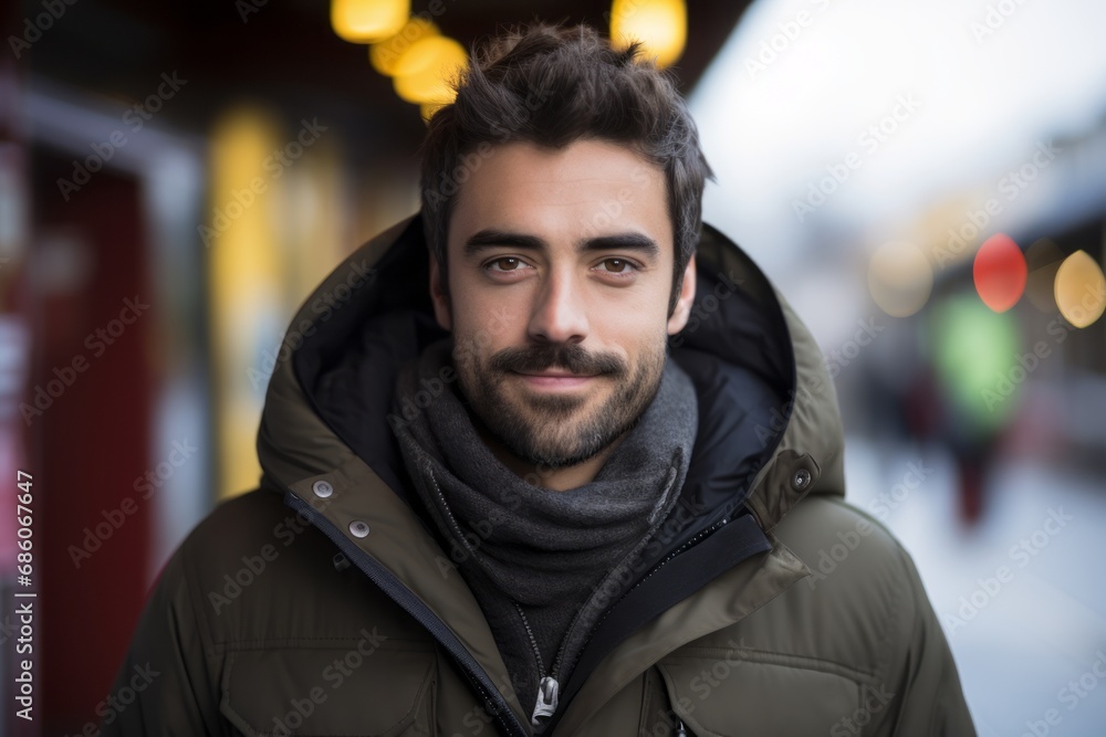 Portrait of a handsome young man wearing a warm coat and scarf. Portrait of a handsome young man wearing a warm coat and scarf.