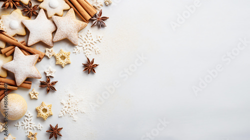 Christmas baking background on white table.