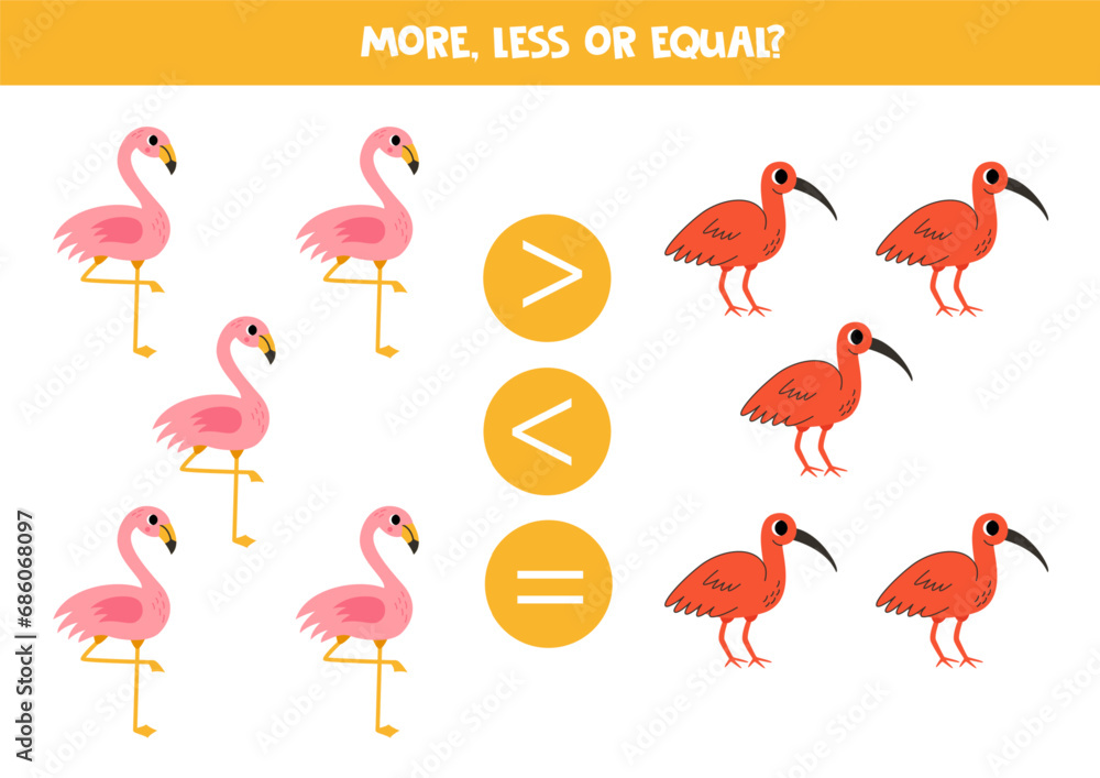 Grater, less or equal with cartoon pink flamingo and scarlet ibis. Grater, less or equal with cartoon pink flamingo and scarlet ibis.