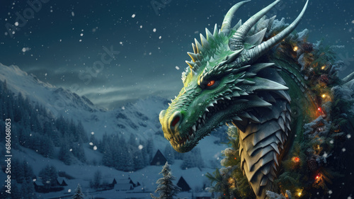 Dragon and Christmas tree in the winter forest. AI generated illustration.
