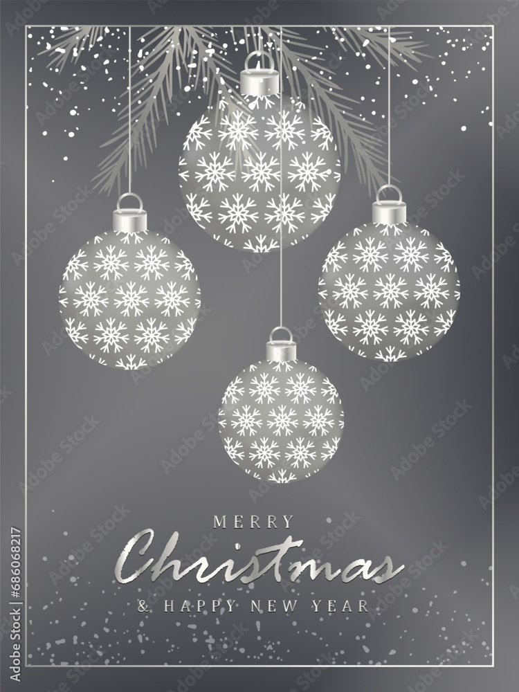 Vertical New Year and Christmas gray card with Christmas balls, fir branches and snow.