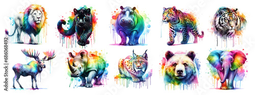 Watercolor picture of elephant, leopard, hippo, tiger, rhino, lion, puma, lynx, bear. Rainbow color. AI generated